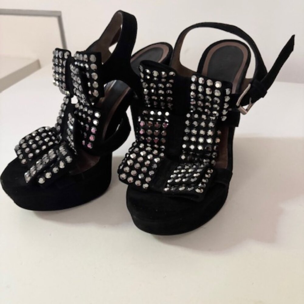 Marni Black Suede Platform Heels with Rhinestone Bows